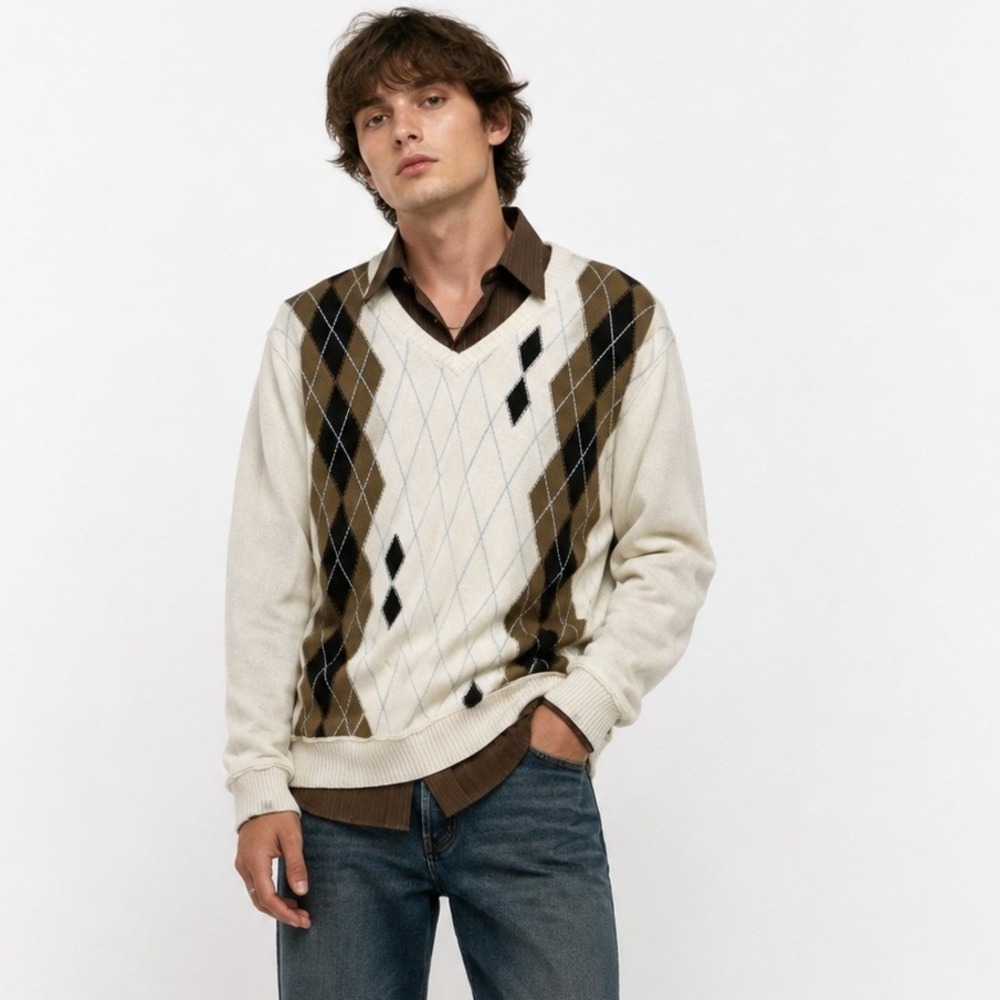 BKE Argyle V Neck Sweater L Cream Brown Blue Cotton Preppy Academia Heritage